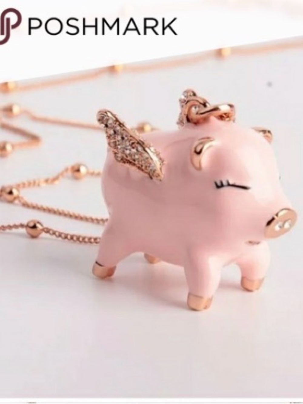 Kate Spade Pink Flying Pig Long Pendant Necklace with Rose Gold Accents